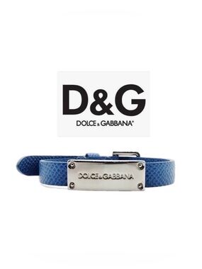 NWT [Dolce & Gabbana] Blue Textured Leather D&G Logo Plate Adjustable Bracelet